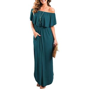 Sarin Mathews Womens Off The Shoulder Ruffle Party Dress Casual Side Split Beach Long Maxi Dresses with Pockets, XL, green, 60" L