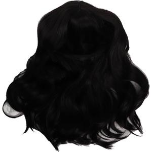 Generic Women's Black Long Curly Wig, Adjustable Medium Length Black Wavy Hair Wig for Daily Use, Safe High Temperature Synthetic Hair