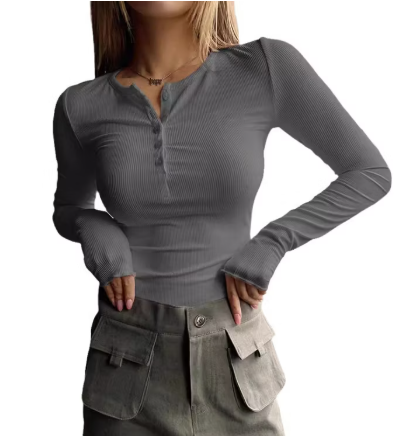Long Sleeve Shirts for Women, Casual Solid Henley Tops Button Down Shirts, V Neck Blouses Basic Ribbed Knit Shirts for Party (Medium, Gray)