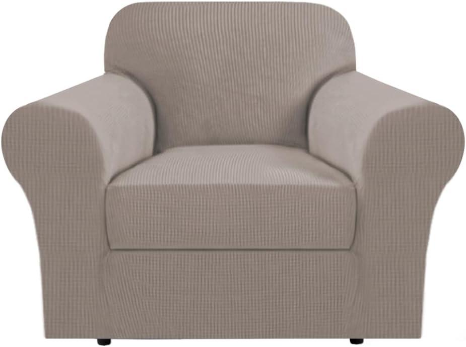 H.VERSAILTEX Stretch Large Armchair Cover 2 Piece Arm Chair Covers for Living Room Arm Chair Furniture Cover Suit for T Cushion/Box Cushion, Spandex Jacquard Fabric(Armchair-Oversized, Taupe)