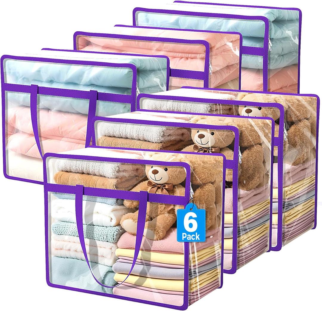 Budding Joy 6 Pack Clear Zippered Storage Bags for Clothes,40L Closet Organizers and Storage Containers Vinyl Moving Bag for Bedding, Linen, Blankets, Comforters, Clothing & Toys (Purple)