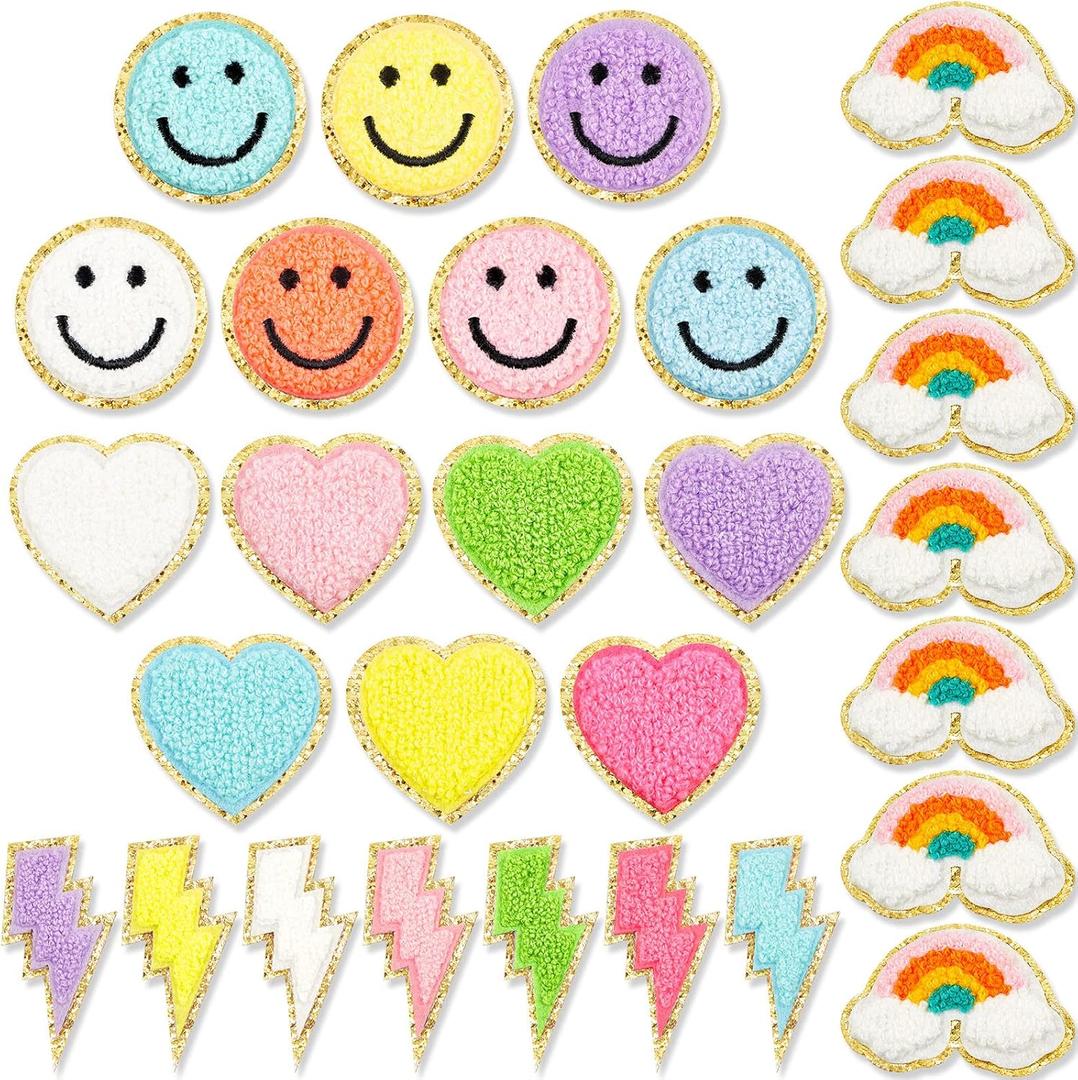 Jutom 28 Pcs Iron On Patches Colorful Sew Iron on Patch Chenille Embroidered Applique for Clothing Fabric Jackets Jeans Repair Decor Craft(Cute Style)