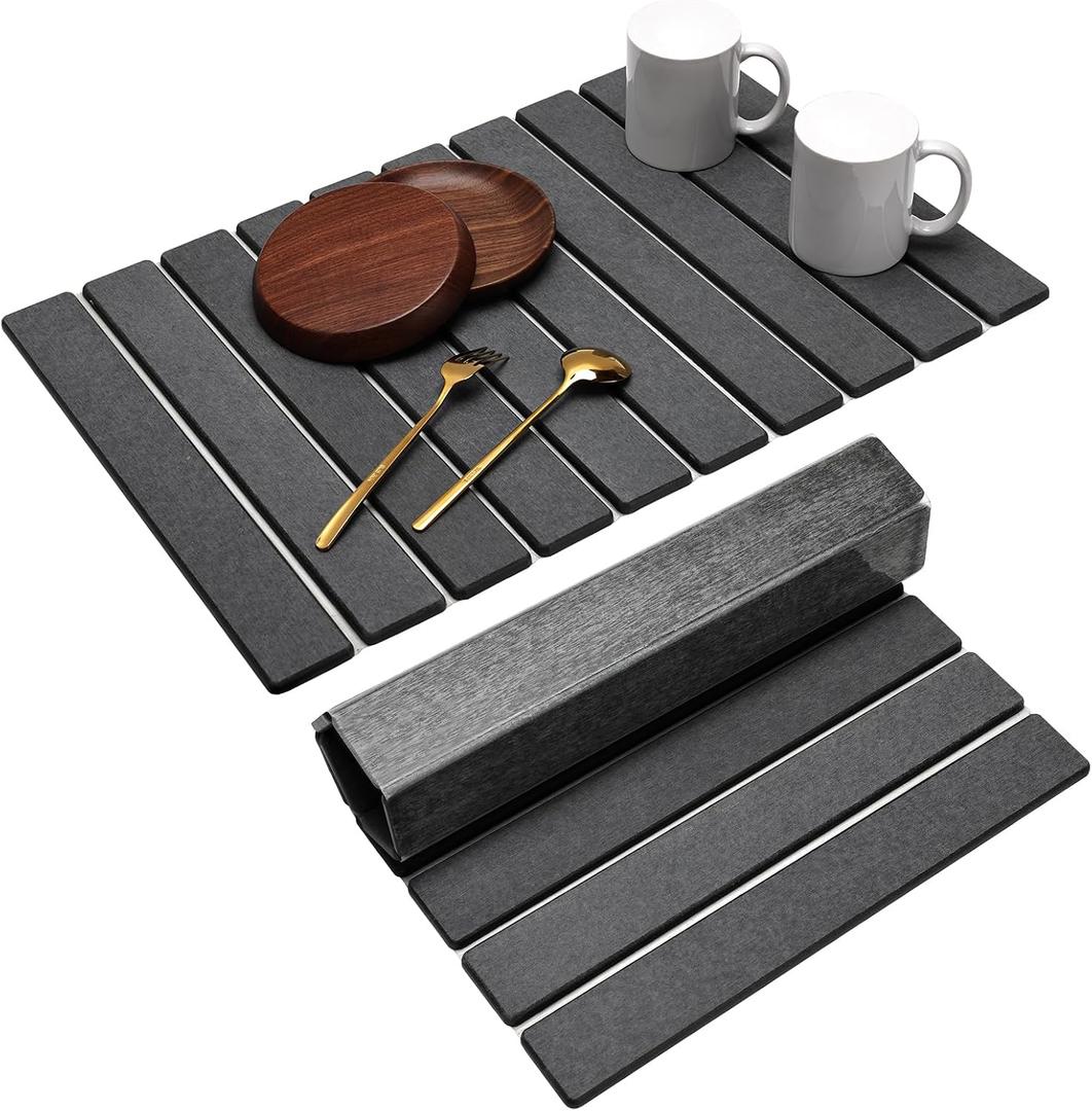 Drying Stone for Kitchen Counter, 24" 16" Large Foldable Stone Dish Drying Mat, Quick Dry Diatomaceous Earth Pad, Drying Mat for Kitchen Dishes Cups Bathroom Any Countertop(Dark Gray)