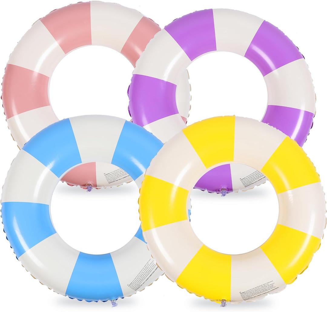 Wettarn 4 Pcs Pool Tubes with Fun Prints, Inflatable Floats Swimming Ring Toys, Classic Striped Inner Tubes for Pool, Bachelorette Pool Floaties for Summer Beach Party Decor Supplies (Children Size)