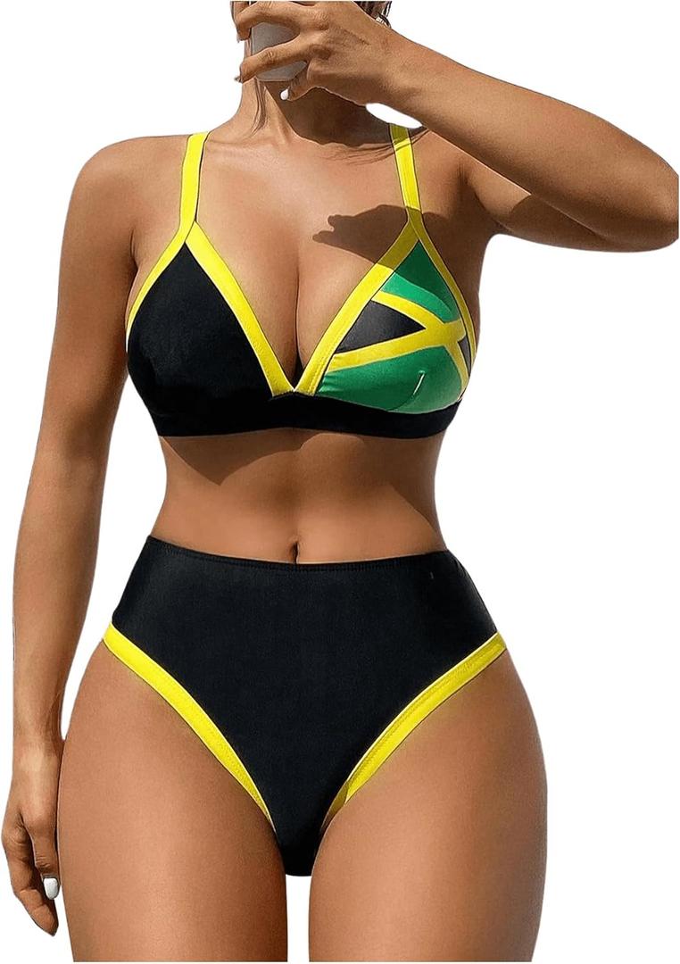 GORGLITTER Women's Triangle Jamaica Swimsuits Color Block High Waisted Bikini High Cut Thong Bathing Suit (X-Large, Black)