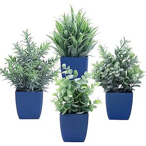 summer flower Set of 4 Fake Plants in Pot Small Artificial Eucalyptus Potted Plant Mini Wheat Grass Ferns Faux Greenery for Home Indoor Office Table Bathroom Farmhouse Decorations Blue