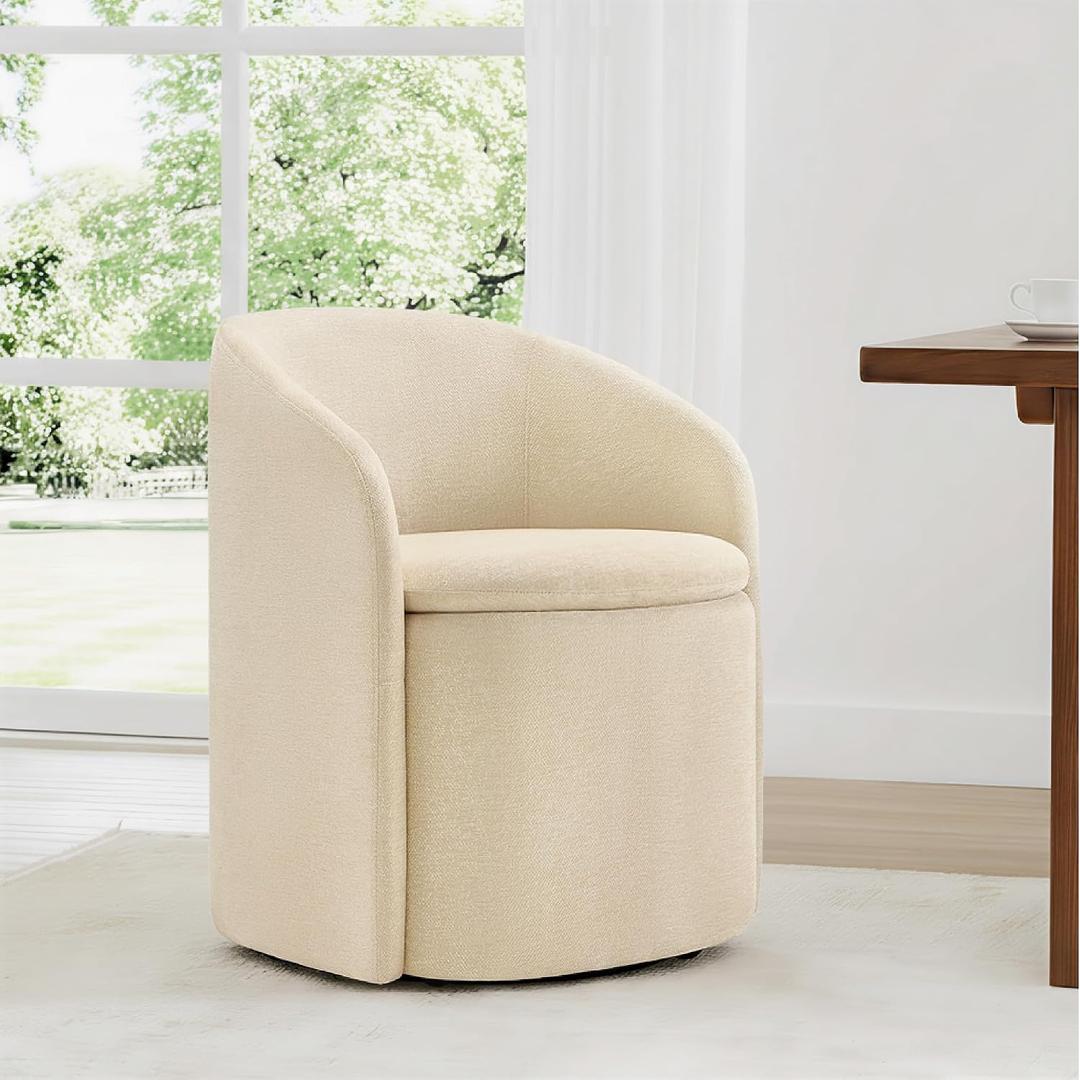 KISLOT Upholstered Dining Chairs with Casters, No Assembly Rolling Modern Dining Room Chairs with Hidden Storage & Barrel Backrest, Accent Chair for Bedroom, Living Room, Dressing, Sand, Set of 1