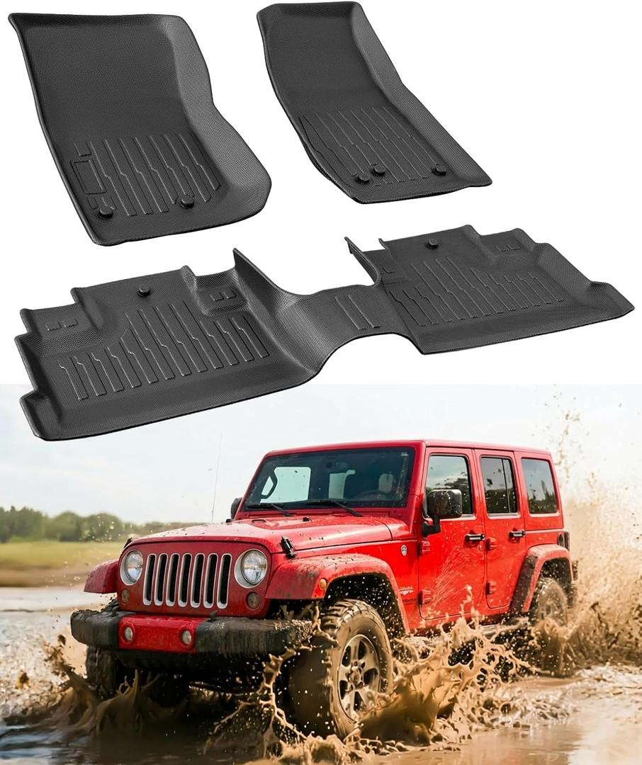 Car Floor Mats for Jeep Wrangler JK Unlimited: 20072018 4-Door (NOT for JL/2-Door), Custom Fit for Unilmited Sahara Rubicon All-Weather Anti-Slip Floor Liners, 1st & 2nd Row