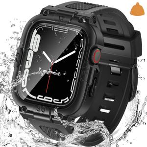 Goton 3 in 1 Waterproof Case and Band with Tempered Glass Screen Protector for Apple Watch Series 10 9 8 7 6 5 4, Apple Watch Ultra 2, Ultra, SE2, SE, Protective Bumper Cover Soft Band (Black)