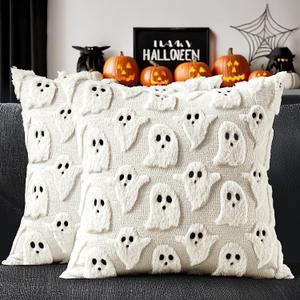 MIULEE Halloween Pillow Covers Cute Ghost Spooky Throw Pillows Set of 2 Soft Plush Faux Fur Decorative Cushion Covers for Couch Sofa Bed Porch Living Room Halloween Decor 18x18 inch Cream White