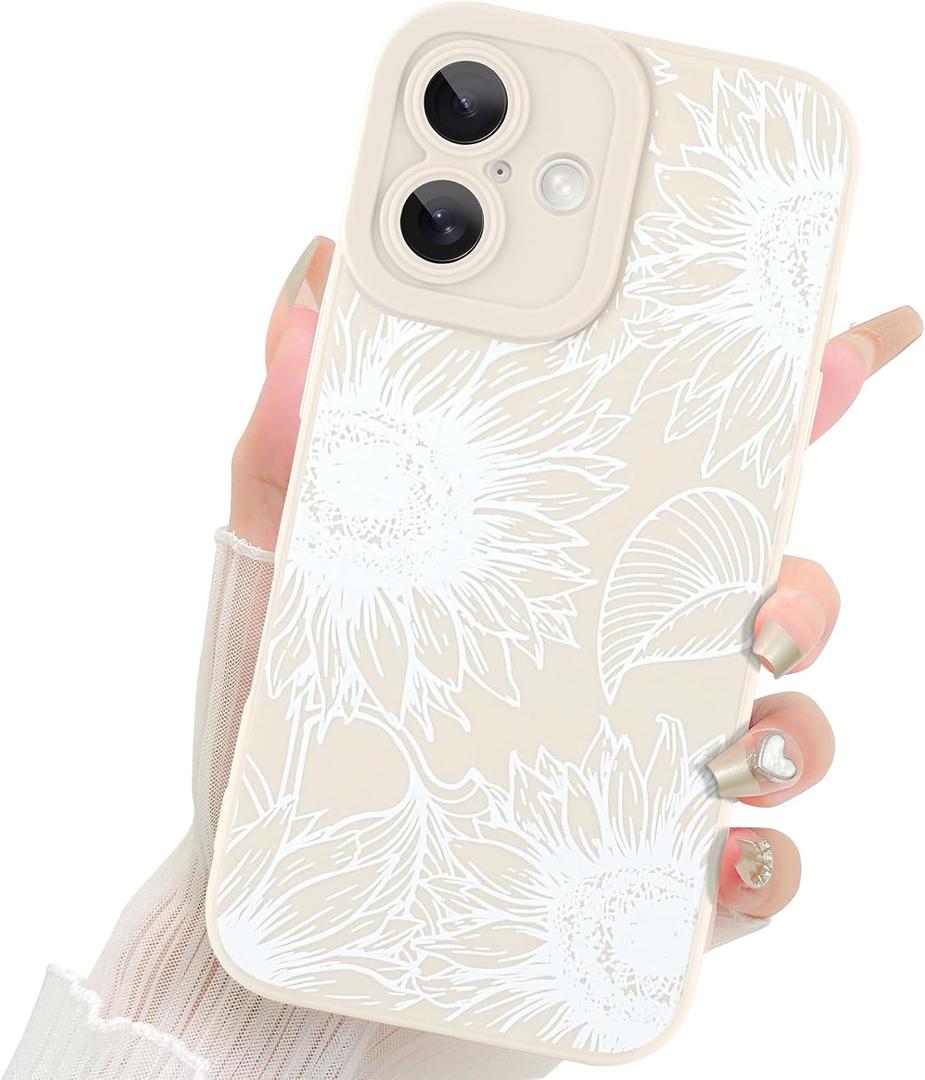 Fiyart Designed for iPhone 16 Plus Case Cute Flower Floral Sunflowers Design,Soft Slim TPU Anti-Scratch Phone Cover for Women Girls 6.7"-White