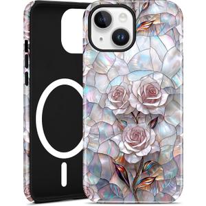 Jusy Magnetic Stained Glass Floral Case for iPhone 17, Pink Rose | Compatible with MagSafe, Cute Aesthetic Flower Design, TPU and PC Protective Phone Cover