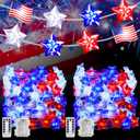 PASUTO 2 Pcs 100 LED 4th of July Decorations American Flag & Star Fairy Lights Battery Operated, 34Ft Mini Red White and Blue Lights Remote Timer with 8 Modes for Home Memorial Day Patriotic Decor