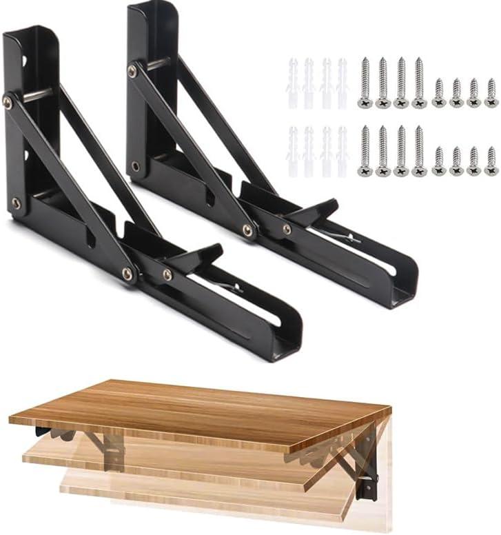 Folding Shelf Brackets, 2 Pcs Heavy Duty Collapsible Shelf Bracket, DIY Wall Mounted Folding Table Hinge, Space Saving for Bench Table with Screws (Black, 10 in)