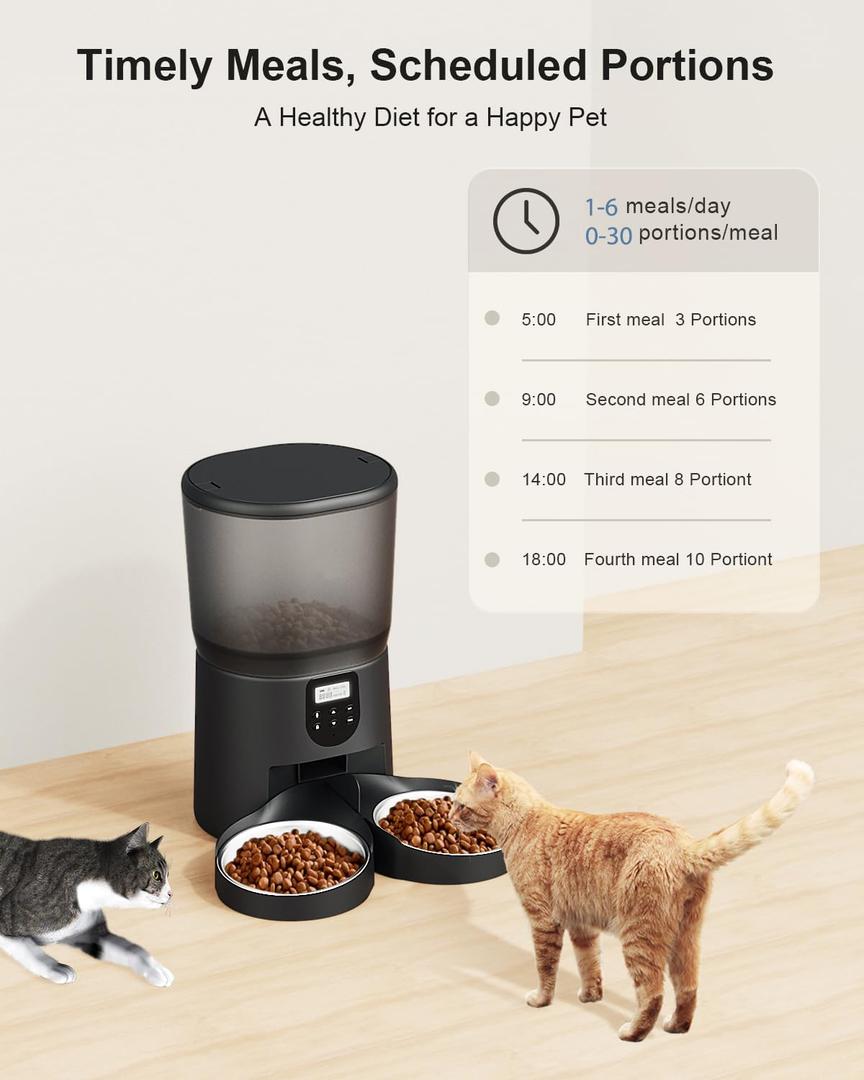 Automatic Cat Feeders for 2Cats, 6L/ 25cup Automatic Cat Food Dispenser with 2 Stainless Pet Bowls, 10s Meal Call Timer Setting 20 Portions 6Meals Per Day, Timed Pet Feeder for Cats Dog Indoor Dry Food