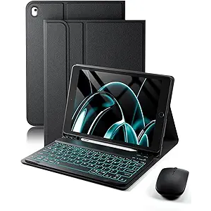 TUNKARMOR for iPad 9th / 8th / 7th Generation 10.2 inch & iPad Air 3rd Gen & iPad Pro 10.5 inch Case with Keyboard 7 Color Backlit  Built in Pencil Holder with Mouse (Black)