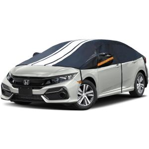 Universal Half Car Cover for Sedan, Windshield Cover for Ice and SnowRoof Cover Waterproof All Weather Dustproof ,Outdoor Indoor All Season Sun, Rain, UV Protection.Front Rear Window Cover.3L (3L: Sedan (Length UP To 127inch), black white)
