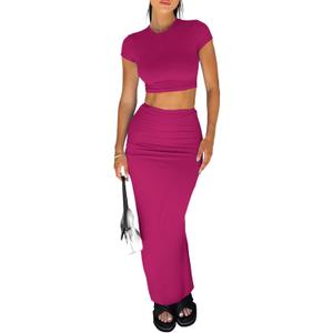 Women 2 Piece Bodycon Maxi Skirt Set & Crop Top Summer Outfits Rose XL (Pink)