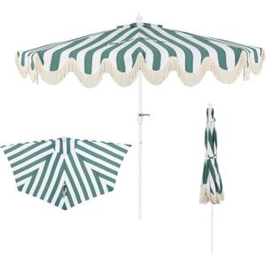 JONATHAN Y Half Umbrella UMB1201L Beverly 9 ft. Designer Classic Scalloped Fringe Market Patio with Crank, Tilt Button and UV Protection in Green/White, White Pole