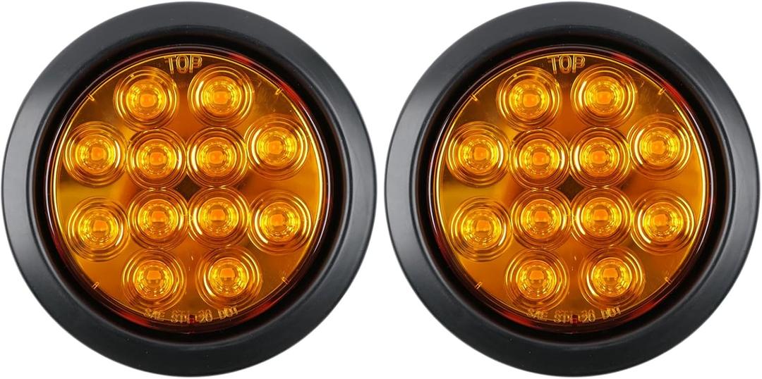 2Pcs 4 inchRed Round LED tail trailer light 12 LEDs IP67 Waterproof Stop Brake Turn Signal Reverse marker Tail Light Surface Mount, Light for boat trailer (4"Round Yellow 1)