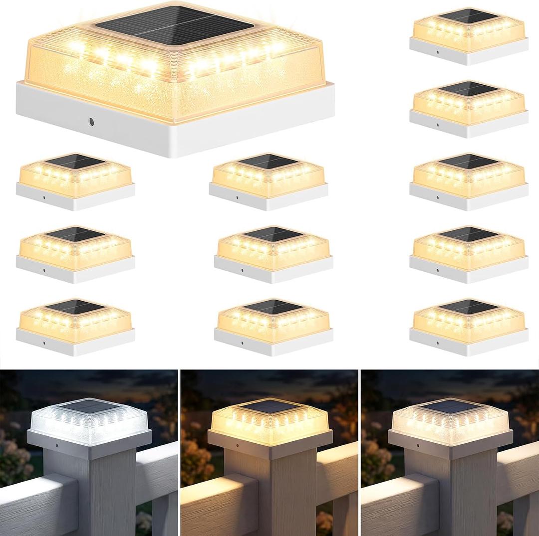 Brightever 4x4 Solar Post Cap Light 12-Pack, Fence Post Solar Lights with 3 Lighting Modes, Fits 4x4 3.5x3.5 Vinyl/Wood Posts, White Solar Powered Waterproof Deck Post Lights for Garden Patio Porch