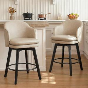Counter Height Barstools 26 inch Upholstered Swivel Bar Stools with Back and Wood Legs for Kitchen Island,Set of 2, Beige PU Leather