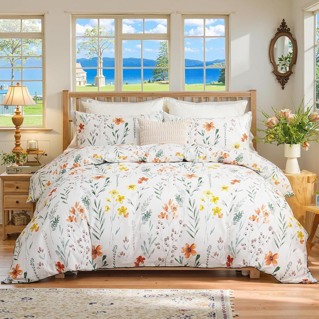 Floral Comforter Set Queen Size, 100% Nature Cotton 3 Pcs Garden Floral Aesthetic Bedding Set Ultra Soft&Breathable Cottagecore Botanical Comforter