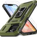 DEERLAMN Case for iPhone 17e/iPhone 16e 6.1-Inch with Slide Camera Cover+Screen Protector (2 Packs), Rotated Ring Kickstand Military Grade Shockproof Protective Cover-Olive Green