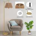 Arc Floor Lamp for Living Room with Remote ControlRattan Boho Floor Lamp with Hand-Woven Wicker Shade, Foot Switch, Gold/Silvery Metal Base & Pole,Standing Lamp for Bedroom (Gold&Paper Rope)