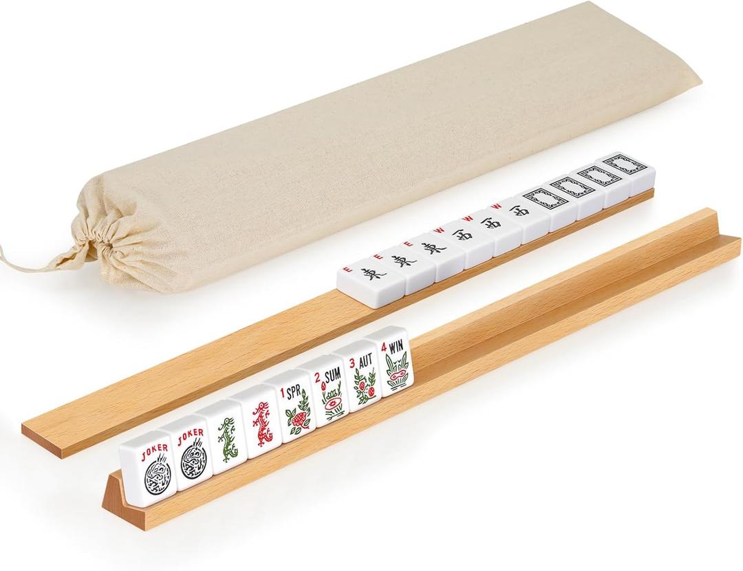 Beechwood Mahjong Racks with Pushers Set of 4, 17 Inches Classic Wooden Mahjong Tile Holder with Storage Bag, All-in-One Tile Rack for American Mahjong, Dominoes, Mexican Train