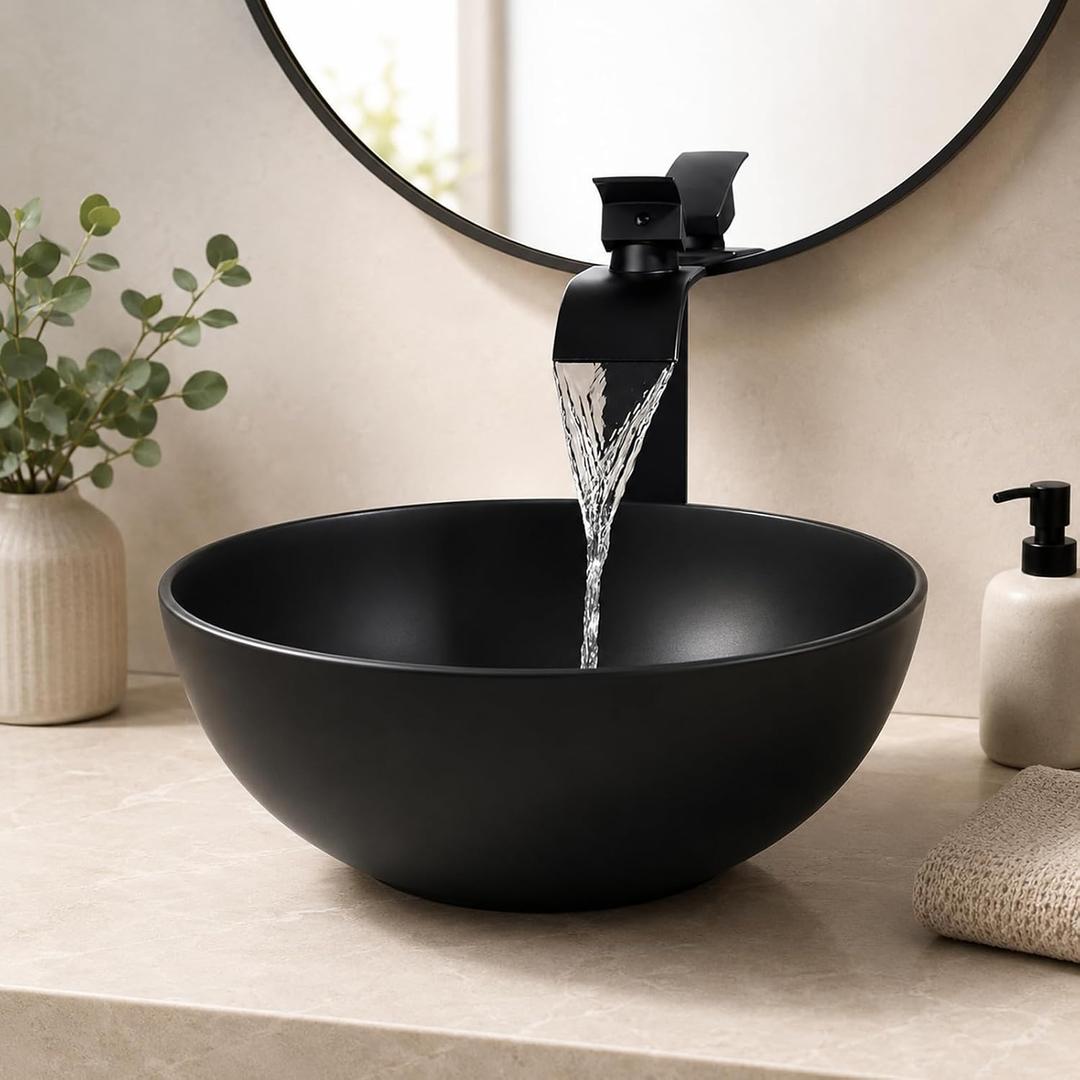 13 Inch Stone Resin Bathroom Vessel Sink, Black Round, 13 x 13 x 5.8 inches
