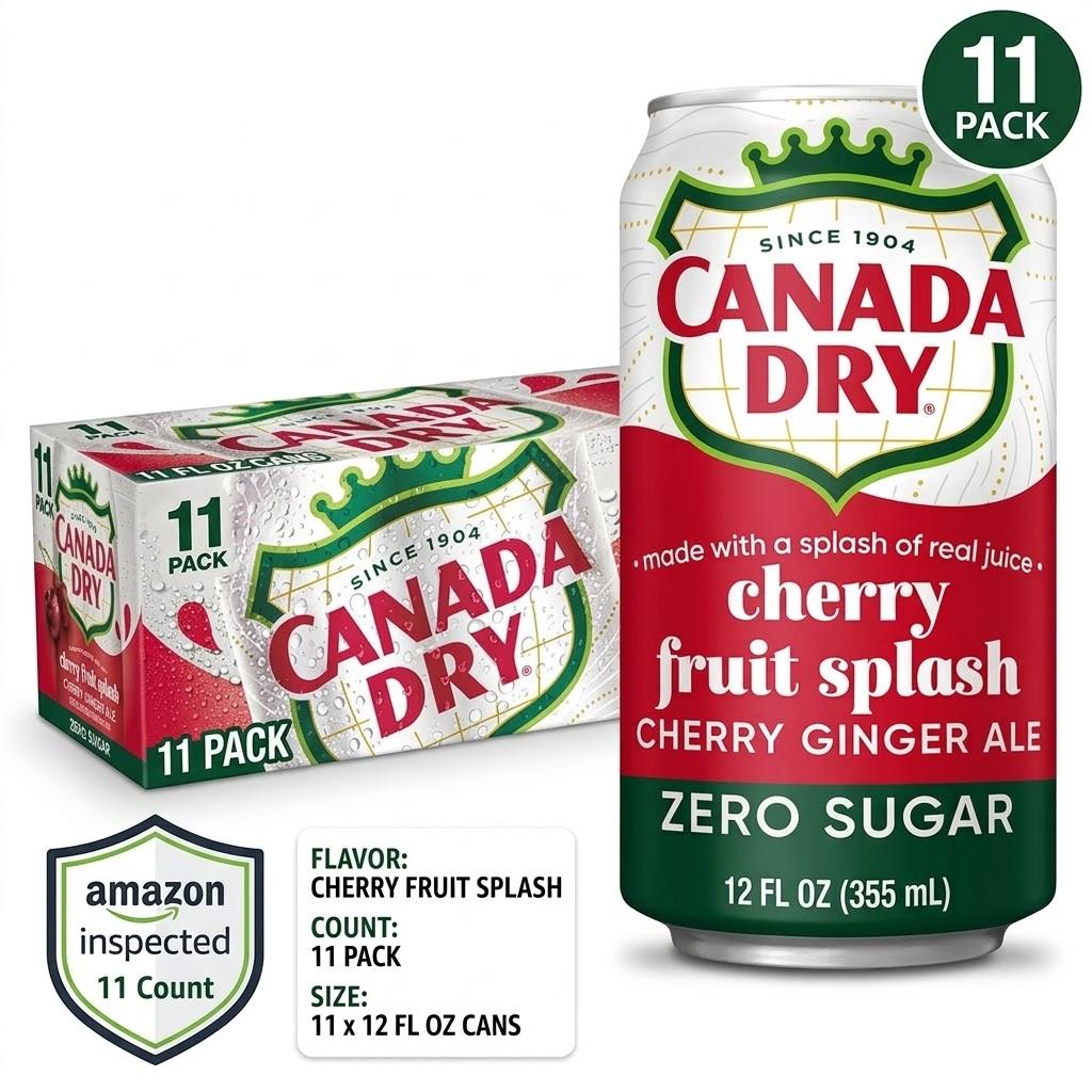 Canada Dry Zero Sugar Cherry Ginger Ale Fruit Splash Soda, 12 fl. oz. Cans, 11 Pieces, BBD: October 09, 2026,