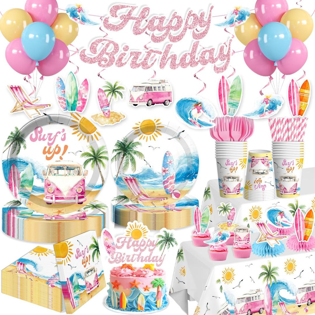 2 x Xynic 205pcs Surf Birthday Party Decorations Tableware Set, 25 Guests
