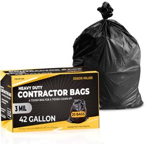 Contractor Garbage Bags 42 Gallon - Pack Of 20 Black 3 mil Strength Heavy Duty Trash Bags Garbage Bags, 32X46 Heavy Duty Plastic Construction Contractor Bags - Trash Can Liners