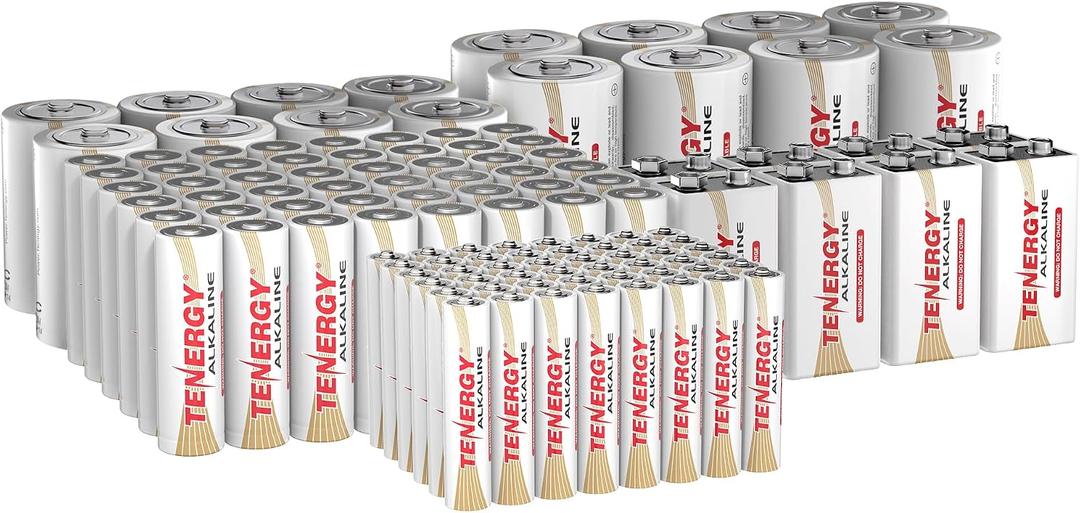 Tenergy 120 Pack Alkaline Batteries, 48 Pack AA Batteries, 48 Pack AAA Batteries, 8 Pack C Size Batteries, 8 Pack D Size Batteries, and 8 Pack 9V Size Batteries for Household Electronics