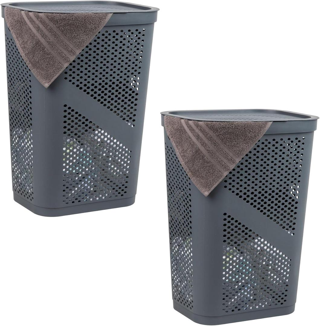 Mind Reader 60L Slim Laundry Hamper, Clothes Basket, Lid, Ventilated, Plastic, Set of 2, Gray, 2-pack