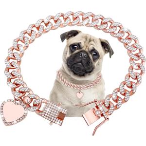 Cuban Dog Chain with Pet ID Tag, Bling Crystal Choke Collar Dog Metal Training Chain Walking Necklace for Small Medium Large Dogs Cats (16in, Rose gold)