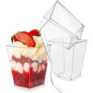 TOFLEN 50 Pack 5 oz Square Mini Dessert Cups with Spoons Clear Plastic Dessert Shooter Cups for for Party, Yogurt, Parfait, Cheesecake, Pudding, Jello and Appetizers