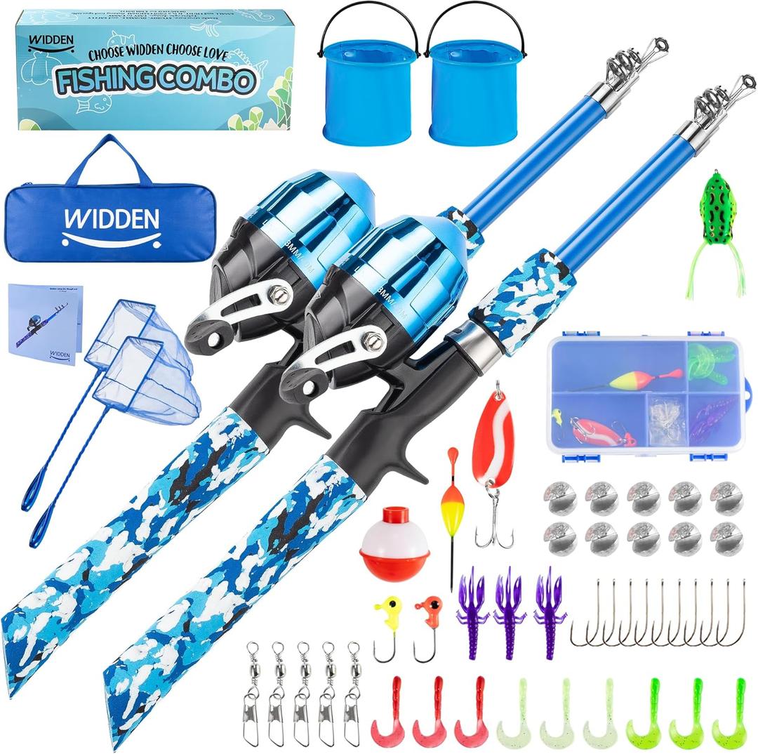 Kids Fishing Pole, Portable Telescopic Kids Fishing Poles for Boys and Girls, Fishing Rod and Reel Combo Kit with Tackle Box, and Fishing Net, Best Fishing Pole for Toddler Youth (Blue+Blue)