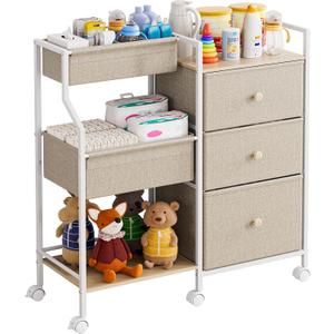 Baby Organizer and Storage - 3 Tier Rolling Cart with Dividers and Drawers, Easy To Assemble, Mobile Utility Cart with Wheels for Nursery, Bedroom, Changing Table & Crib,Off White
