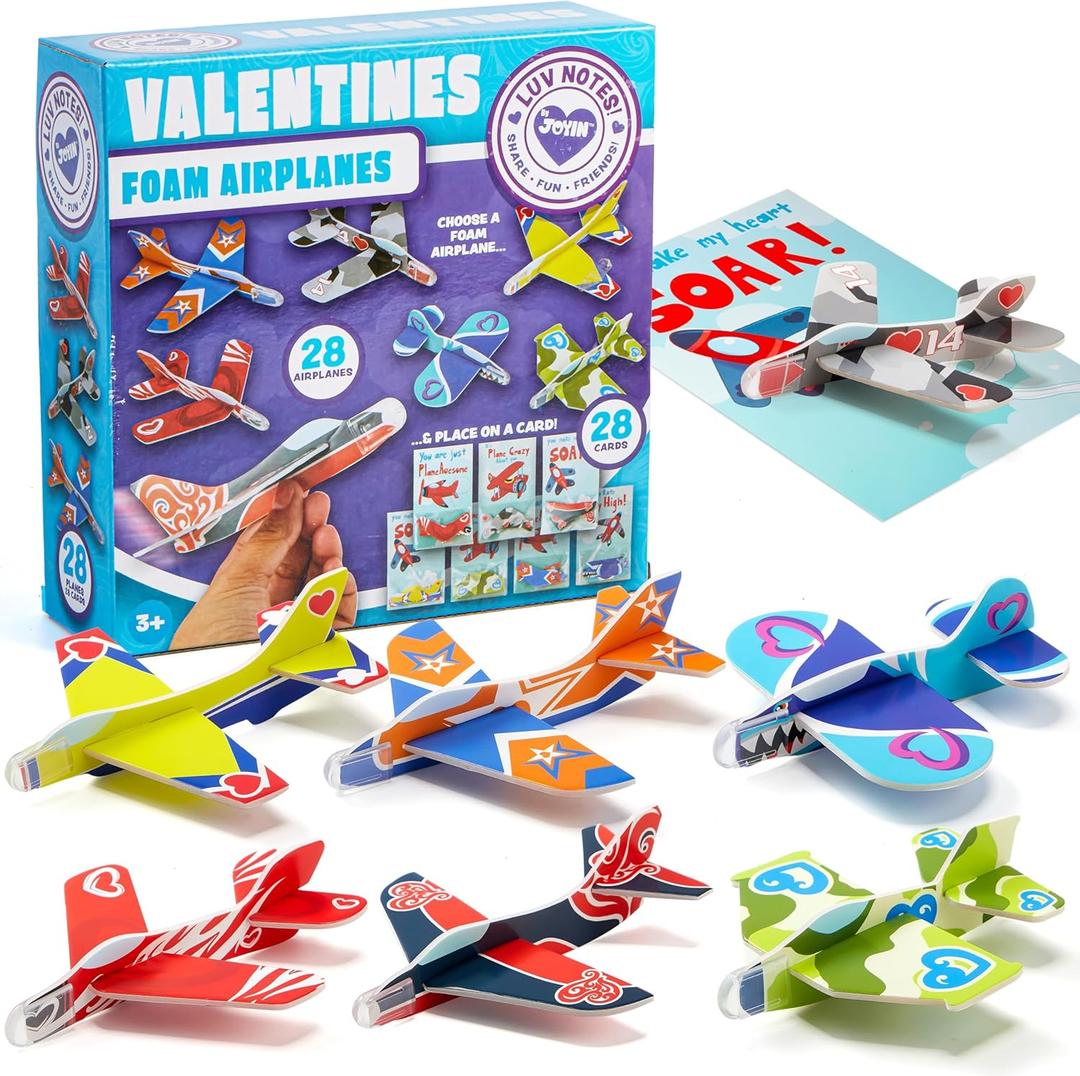 JOYIN 28 Pack Valentines Day Gifts Cards, Valentine's Greeting Cards for Kids with Foam Airplanes Classroom Exchange Party Favor Toy