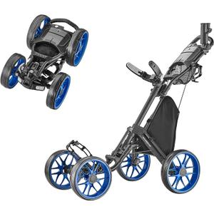 CaddyTek 4 Wheel Golf Push Cart - Caddycruiser One Version 8 1-Click Folding Trolley - Lightweight, Compact Pull Caddy Cart, Easy to Open (Blue)
