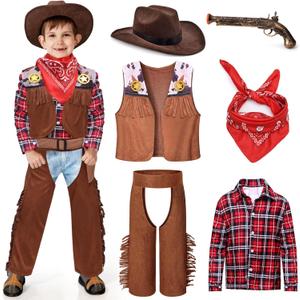 Latocos 7 PCS Kids Cowboy Costume for Boys Ages 3-10 Years Halloween Party Dress Up Role Play and Cosplay, S(4-5 Years)