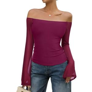 REORIA Off The Shoulder Tops for Women Tube Double Lined Mesh Going Out Shirts 2025 Fall Fashion Trendy Tops Wine Red Large