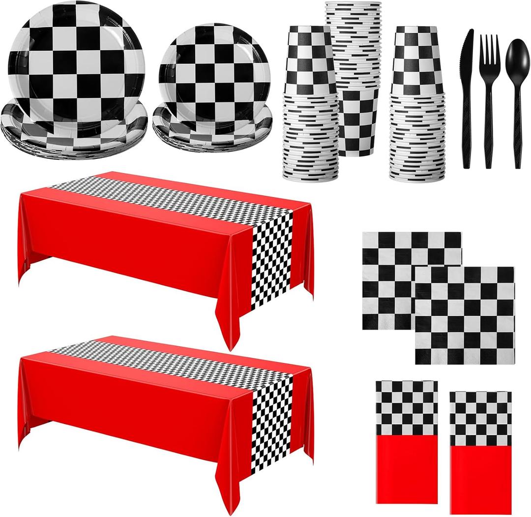 Oudain 162 Pcs Racing Car Birthday Party Supplies Racing Car Tableware Sets for 20 Guests Checkered Race Themed Rectangular Tablecloth Plates Cups Folks for Birthday Party Decorations(Red)