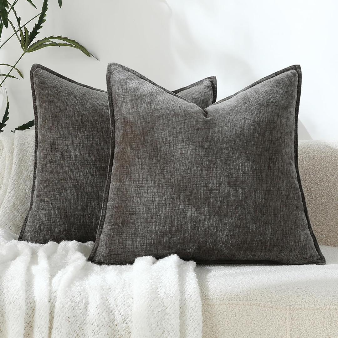 Stellhome Pack of 2, Soft Chenille Soild Throw Pillow Covers Accent Cushion Case Boho Farmhouse Neutral Decorative Pillowcase for Couch Sofa Bedroom Living Room Home Decor 16 x 16 Inch, Dark Grey