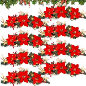 Norme 8 Pack 30 Inch Christmas Window Swags with Lights, Large Christmas Poinsettia Swag for Front Door, Fireplace Decoration, Artificial Xmas Decor for Mantel Wall Lintel Indoor Outdoor (Red)