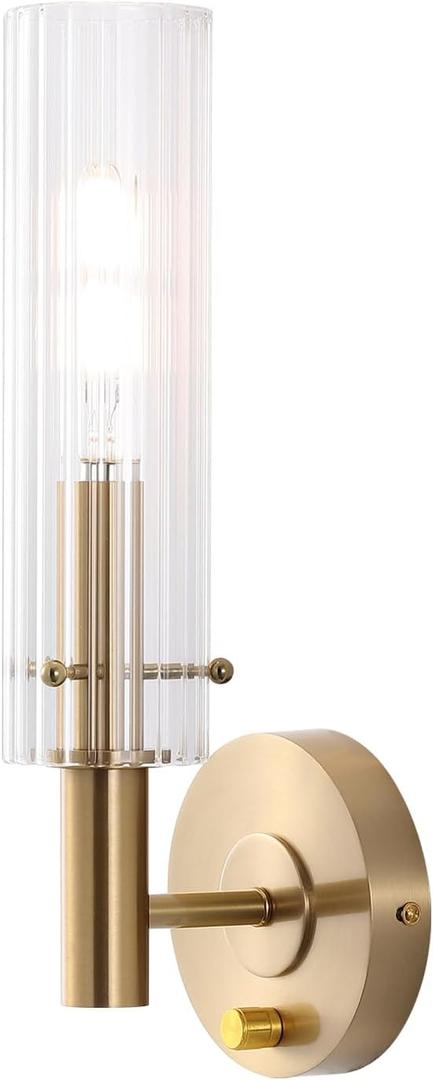 BYOLIIMA Modern Wall Sconces with Dimmer ON/Off Switch Gold Brushed Brass Bathroom Vanity Light Fixtures Striped Clear Glass Shades Indoor Wall Light for Mirror Living Room Bedroom Hallway Staircase