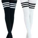 Kayhoma Extra Long Cotton Stripe Thigh High Socks Over the Knee High Plus Size Stockings, Medium, Black/White