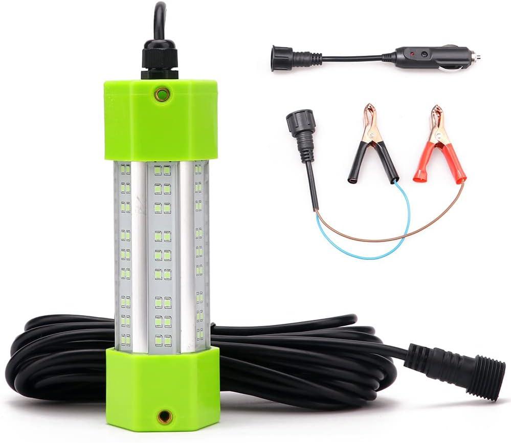 70W 130W DC 12V IP68 Waterproof Aluminum High Power Glowing Boat Fish Attractants Lure Green Submersible Fishing Lights LED Underwater For At Night Snook Crappie with Battery Clips Cigarette Charger Plug